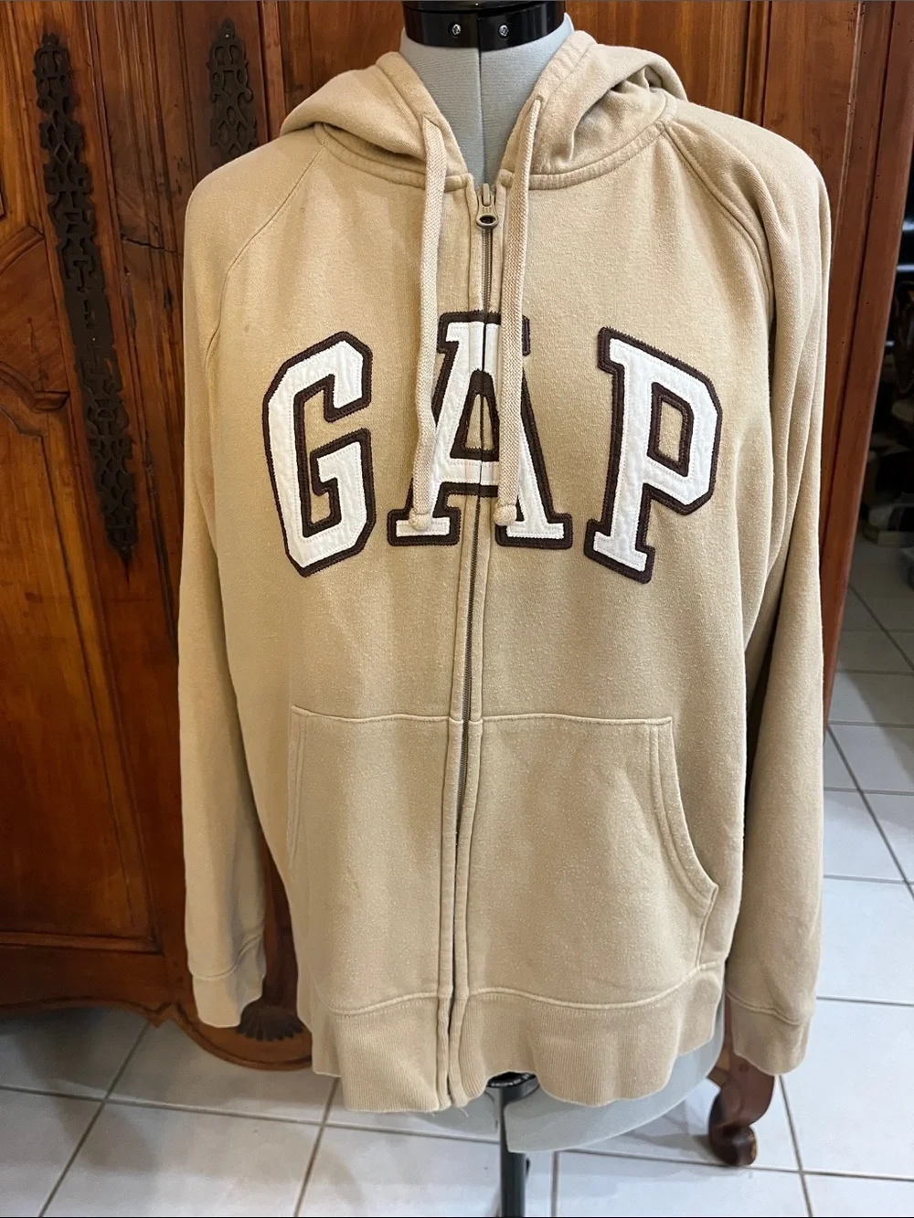 GAP Tan Fleece Zip Hoodie with White Logo Trim